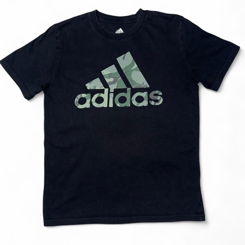 Adidas Kids Black and Green Logo Tee size M (10/12)